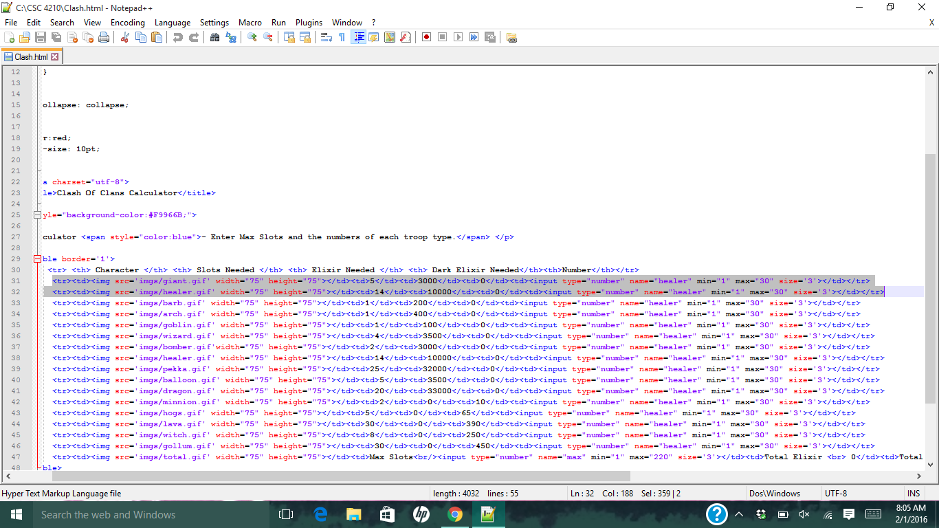 to do a program that is essentially a Clash of Clans caluclator.