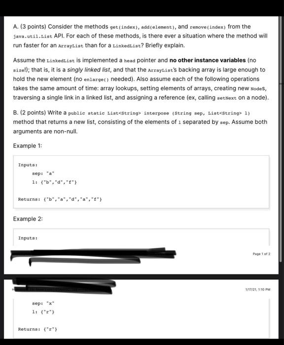  A. (3 points) Consider the methods get (index), add(element), and remove(index,
