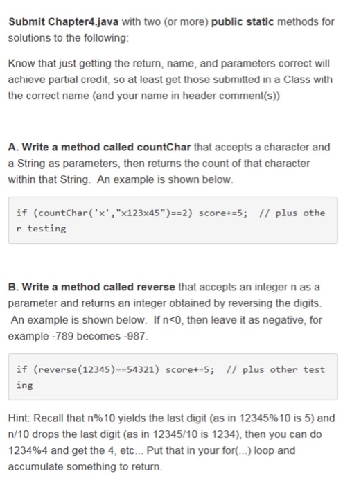  Submit Chapter 4.java with two (or more) public static methods for