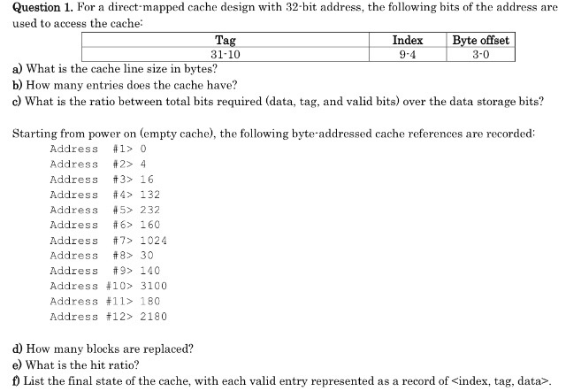 Question 1. For a direct-mapped cache design with 32-bit address, the