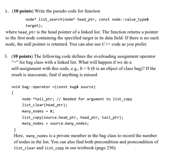  2. (10 points) Write the pseudo code for function node list_search(node*