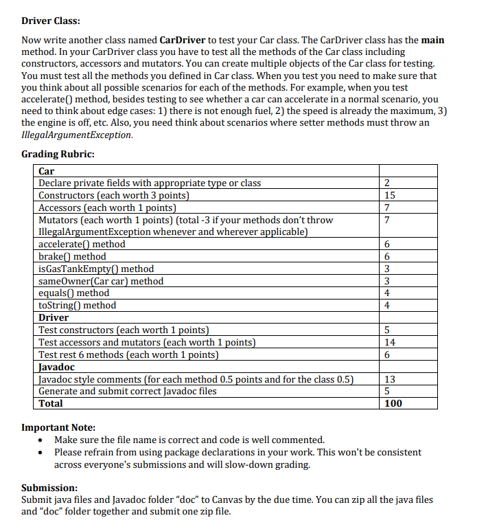 a Driver class with the main method and write Javadoc comments for