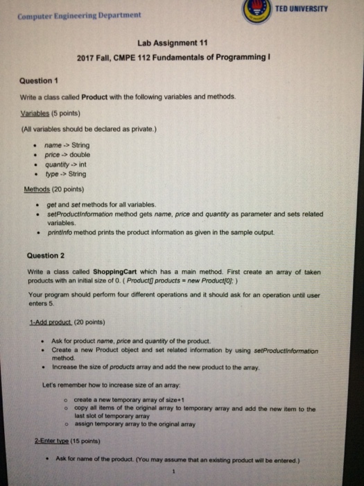  TED UNIVERSITY Computer Engineering Department Lab Assignment 11 2017 Fall, CMPE