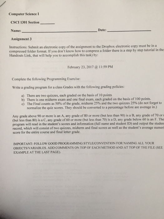  In Perl Computer Science I CSCI 1301 Section_ Name: Assignment 3
