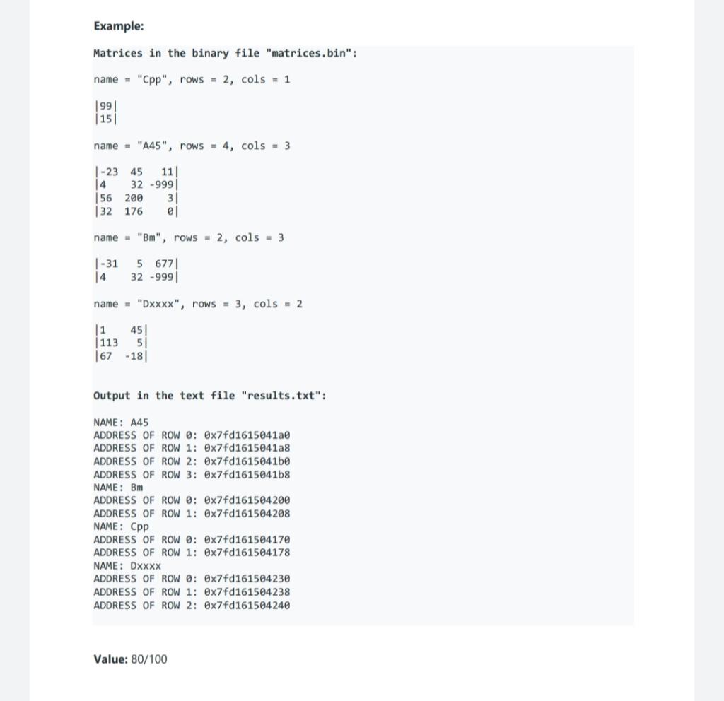 Task Matrices in a binary file A binary file named "matrices.bin" contains