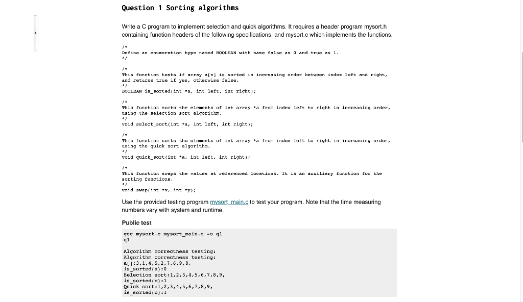  Question 1 Sorting algorithms Write a C program to implement selection