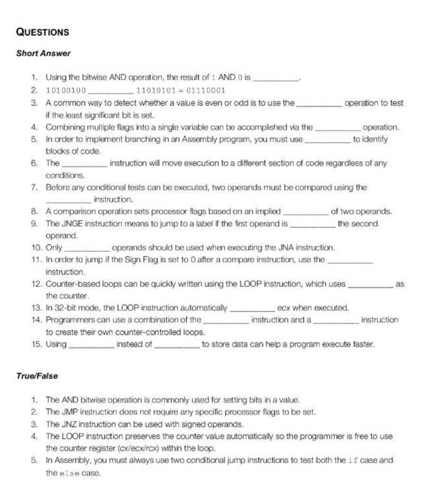  QUESTIONS Short Answer 1. Using the bitwise AND operation, the result