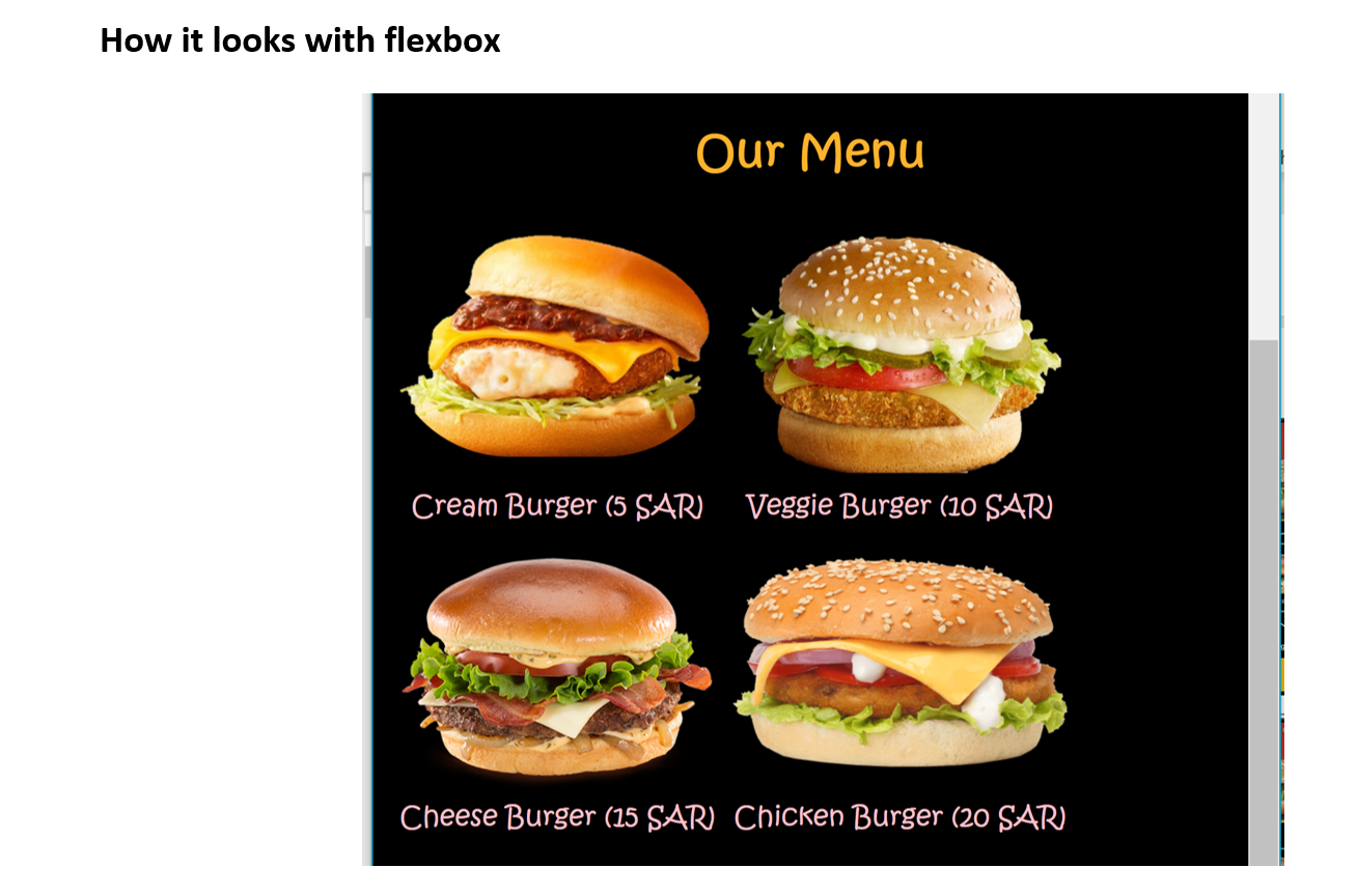 menu items to be in a table like format. Design the table
