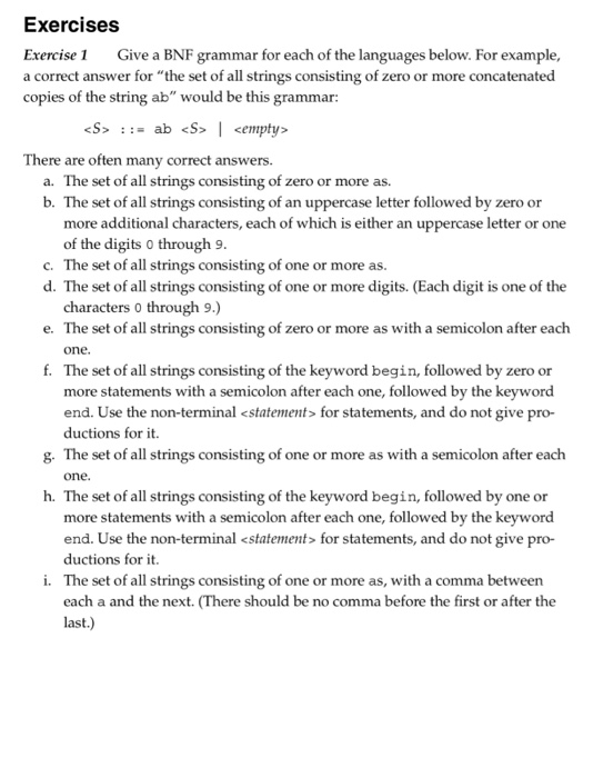  Programming Language Exercises Exercise 1 Give a BNF grammar for each