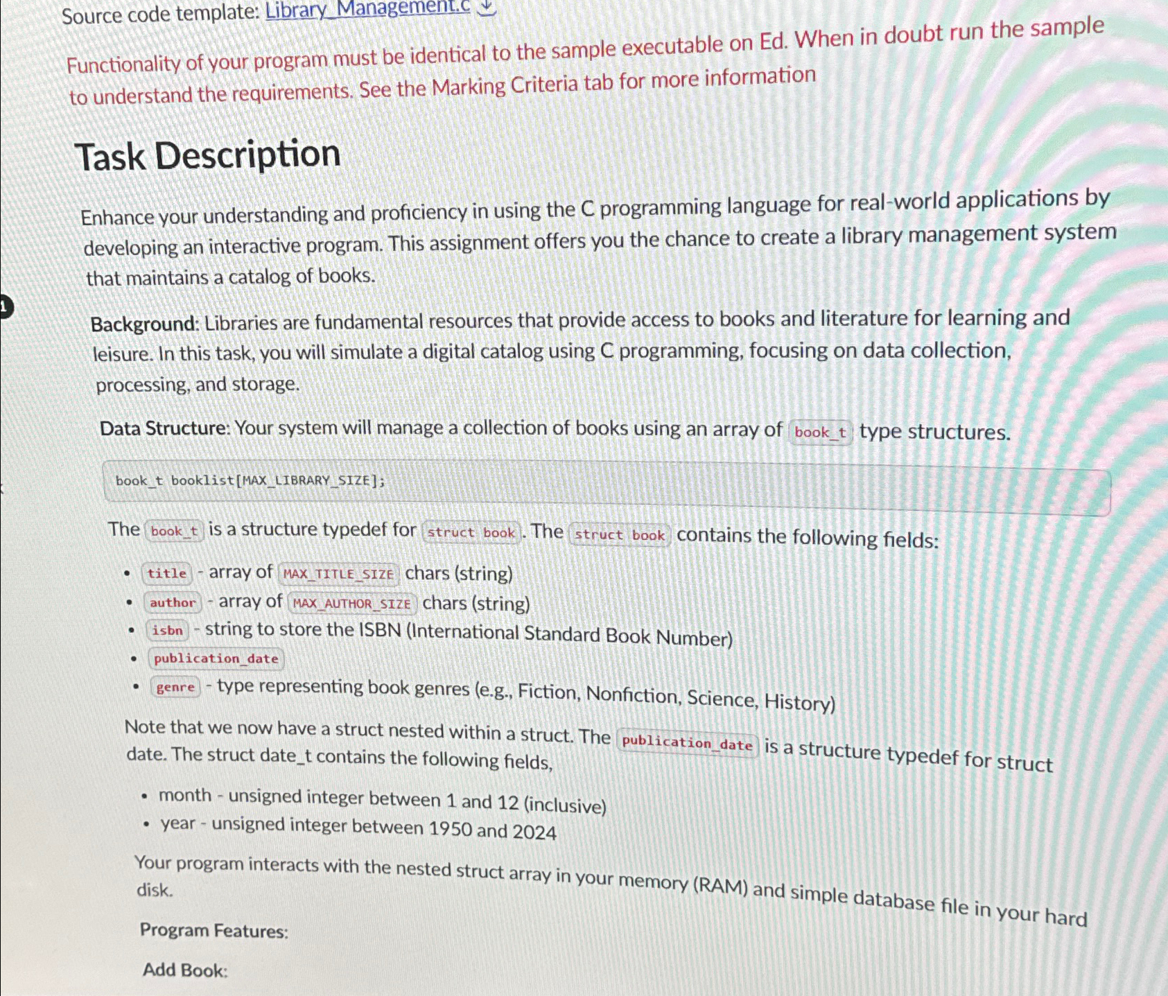  Source code template: Library Management.c ~~ Functionality of your program must