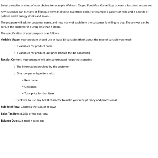 please help to create this in C++ Select a retailer or shop