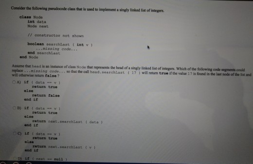 Please answer the following linked list question in image Consider the following