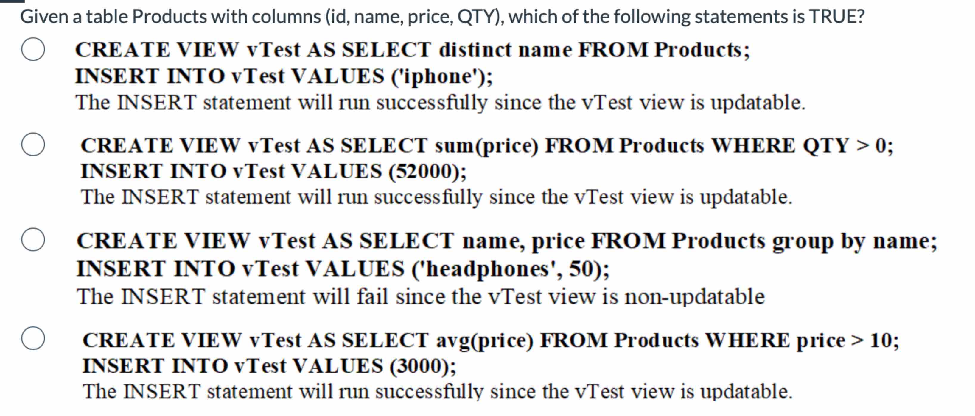  Given a table Products with columns (id, name, price, QTY), which