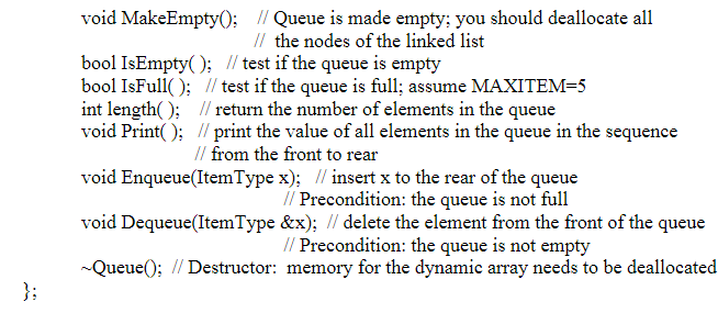 skeleton: template-class ItemType> class Queue private: NodeType ItemType>*front; It points to the