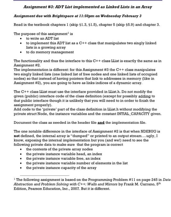  Assignment #3: ADT List implemented as Linked Lists in an Array