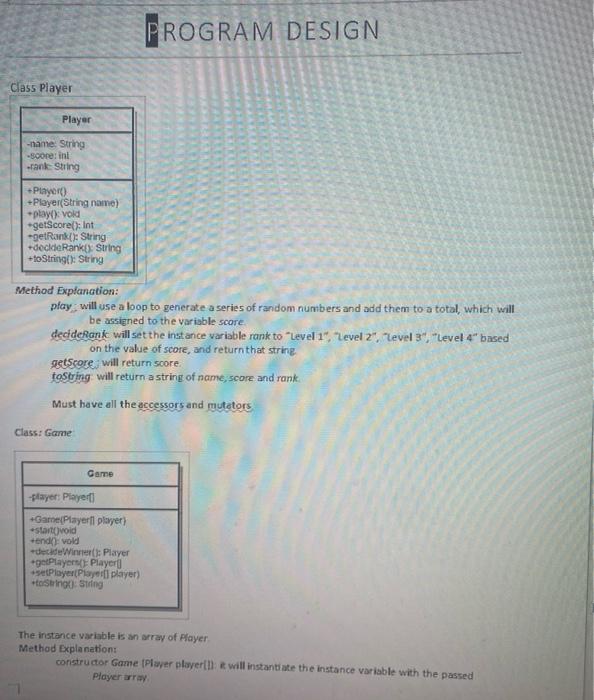  Code the following in Eclipse Sample OutPut: PROGRAM DESIGN Class Player