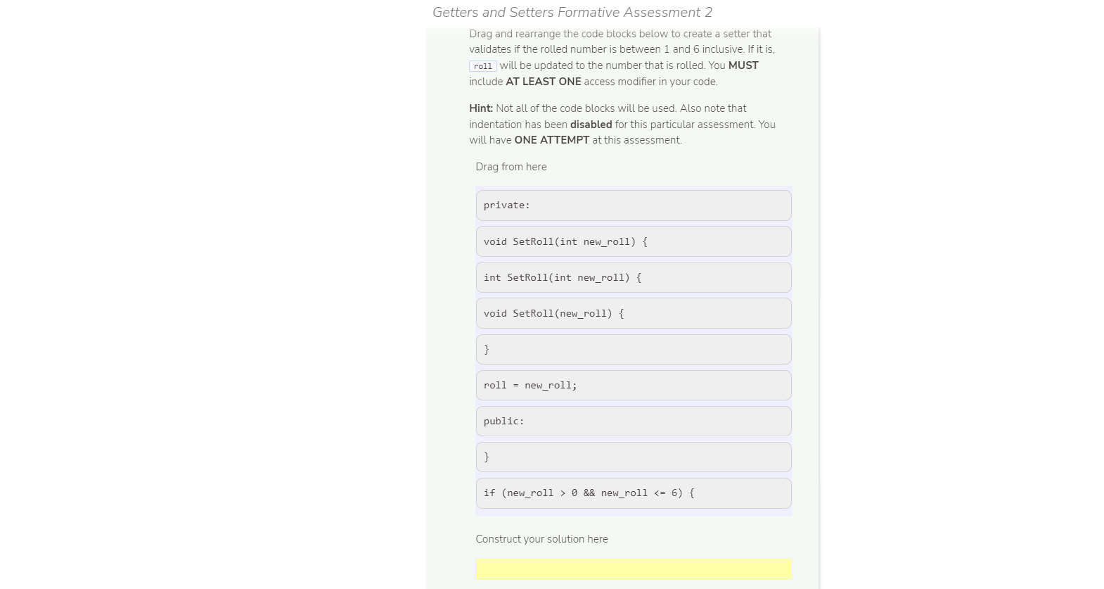  Drag and rearrange the code blocks below to create a setter
