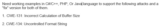  Need working examples in C#/C++: PHP, Or Java| language to support