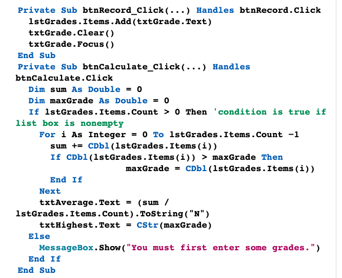 calculates the lowest grade instead of the highest grade. Example code for