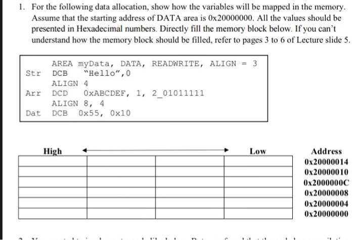  1. For the following data allocation, show how the variables will