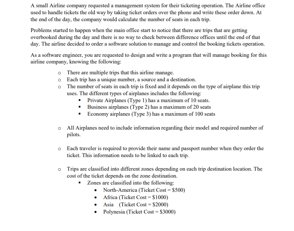 JAVA A small Airline company requested a management system for their ticketing