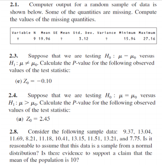 2.1. Computer output for a random sample of data is shown