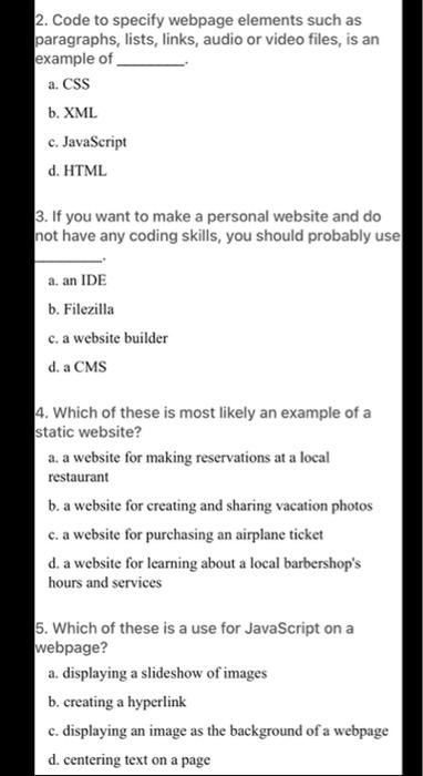  2. Code to specify webpage elements such as paragraphs, lists, links,