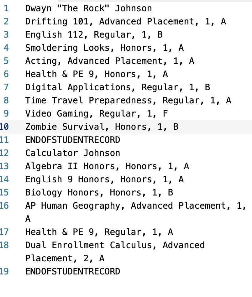 Create a program that can read from a file called student.csv which