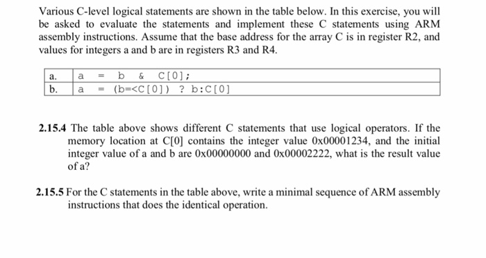  Various C-level logical statements are shown in the table below. In