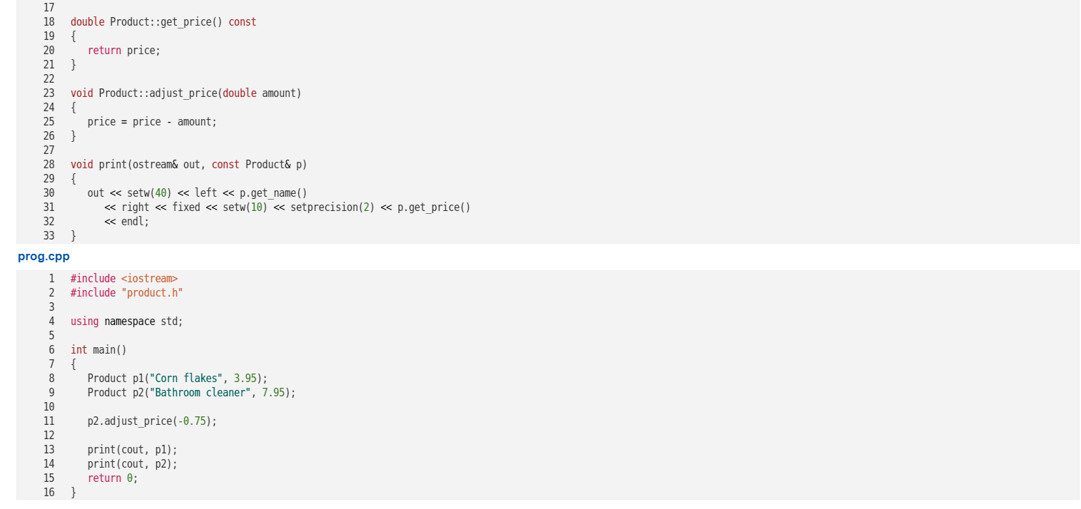 to provide the declaration of the Product class and the print function