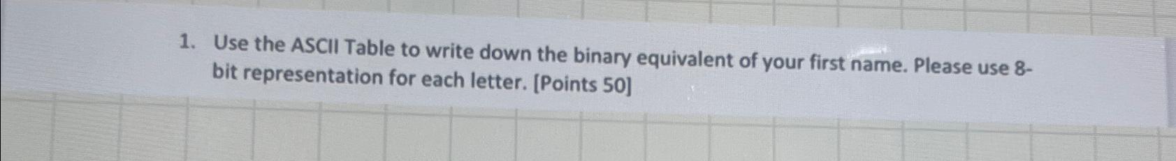  Use the ASCII Table to write down the binary equivalent of