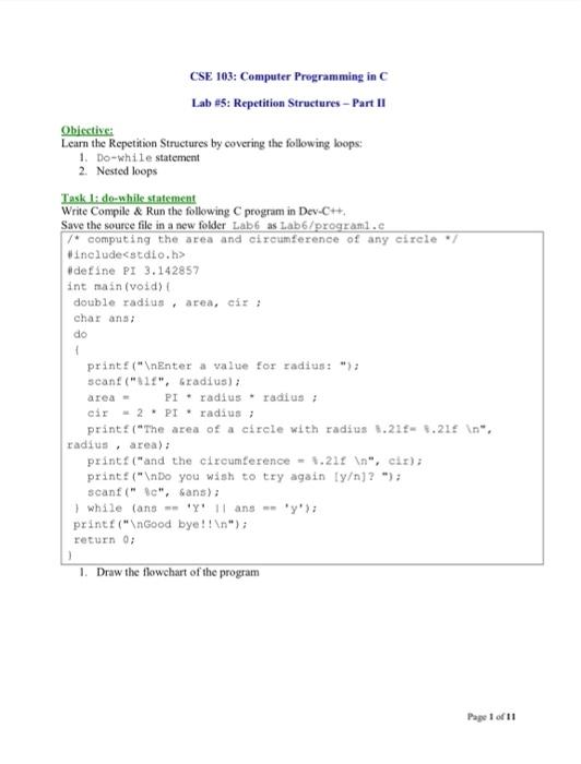  CSE 103: Computer Programming in C Lab #5: Repetition Structures -