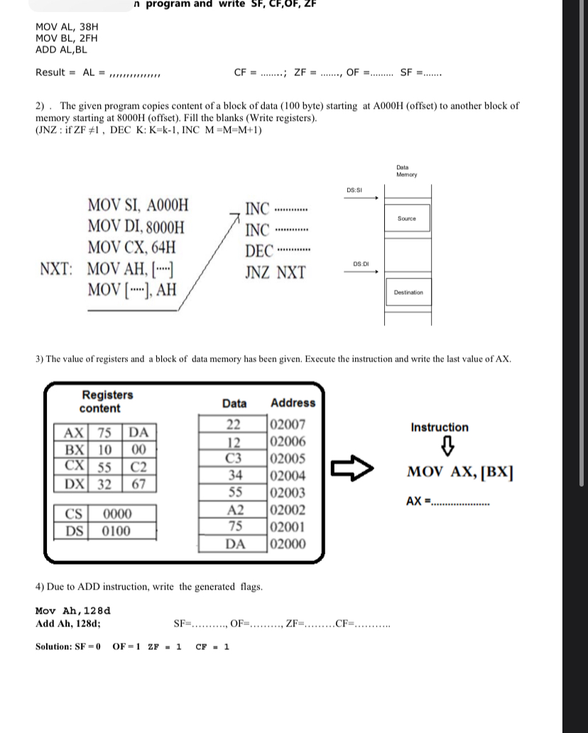  n program and write SF,CF,OF,ZF MOV AL,38H MOV BL,2FH ADD AL,BL