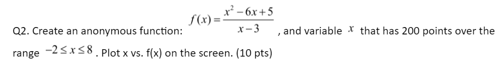 This ia a Matlab question. Q2. Create an anonymous function:f(x) = (x^2