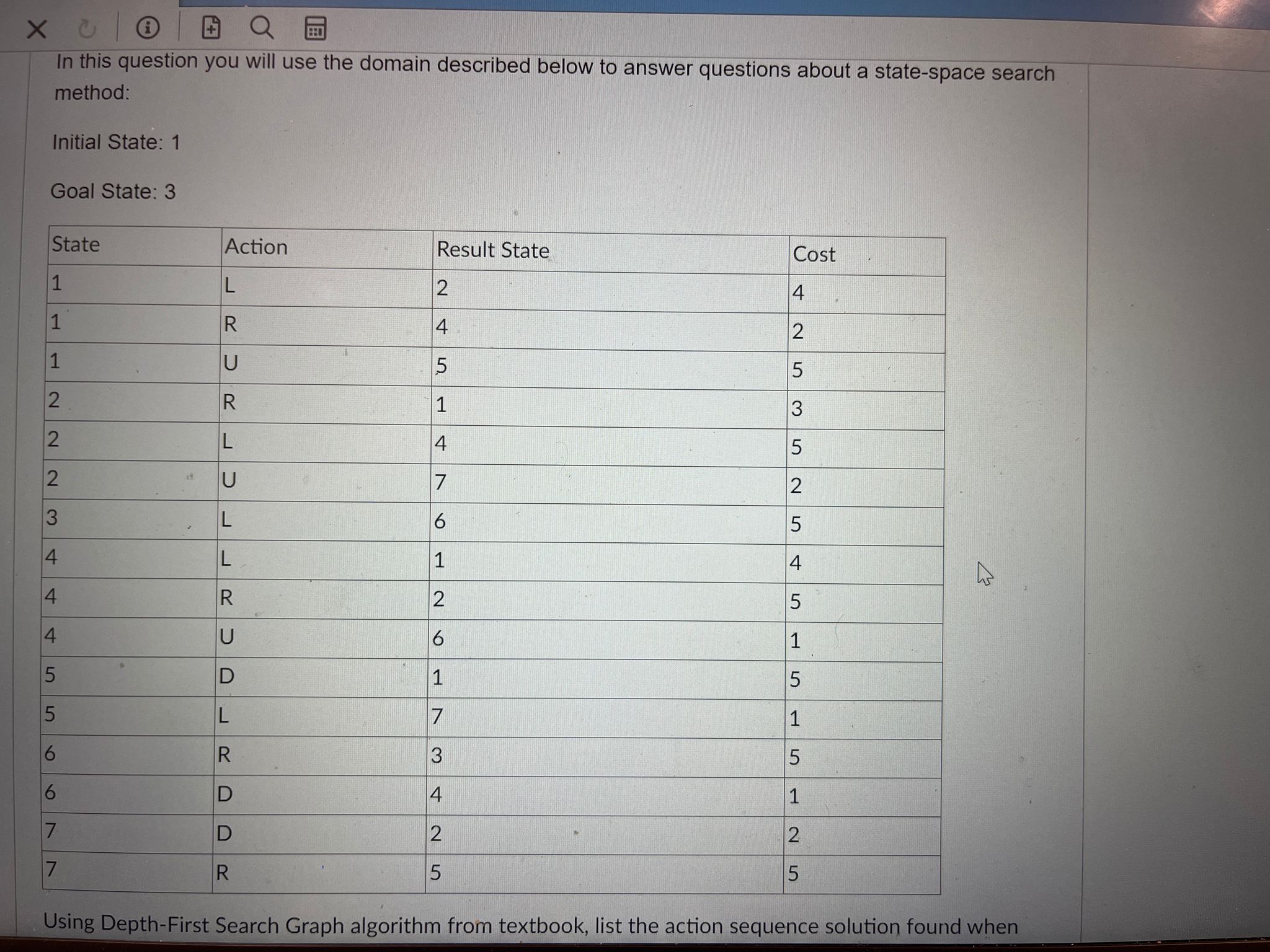  Using Depth-First Search Graph algorithm from textbook, list the action sequence