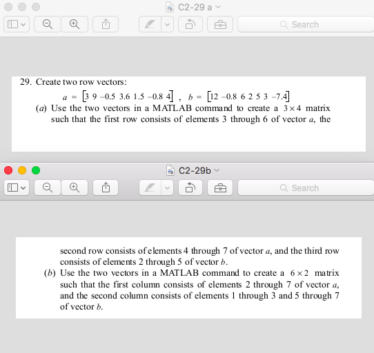  Write in MATLAB... C2-29 a Search 29. Create two row vectors:
