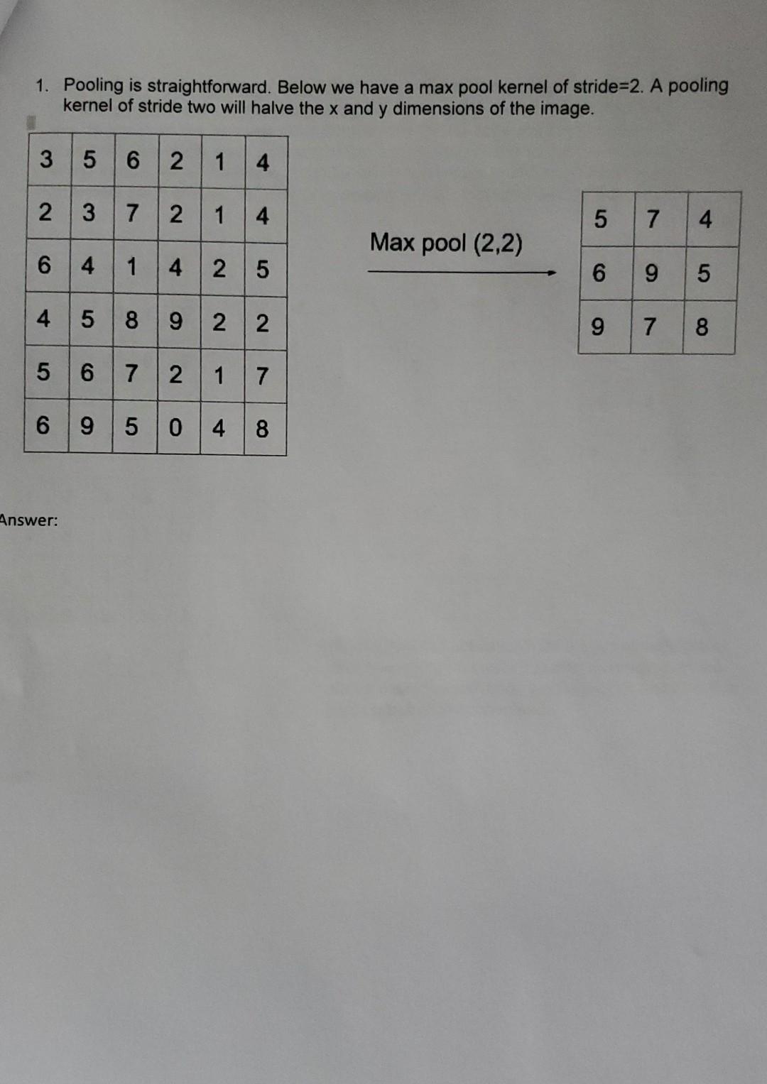  1. Pooling is straightforward. Below we have a max pool kernel