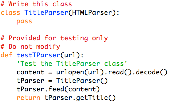 Write this class class Title Parser (HTML Parser pass Provided for
