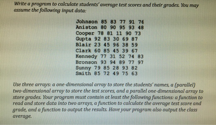  Write a program to calculate students' average test scores and their