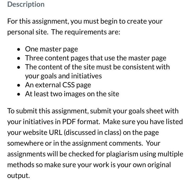  For this assignment, you must begin to create your personal site.