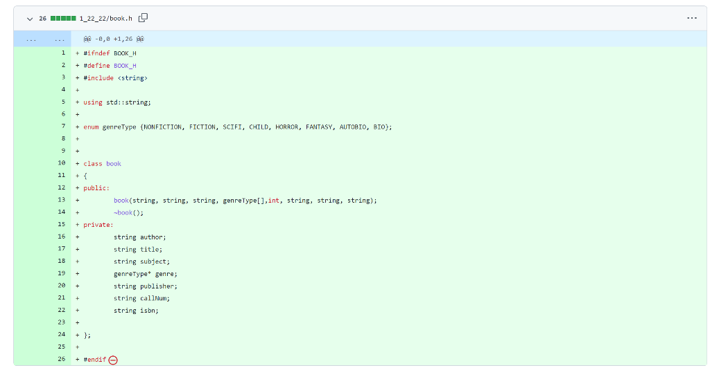 #include "book.h" book::book(string author, string title, string subject, genreType g[],int numberOfGenre, string