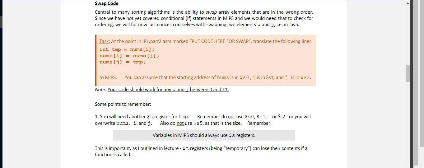  Swap Code Central to many sorting algorithms is the ability to