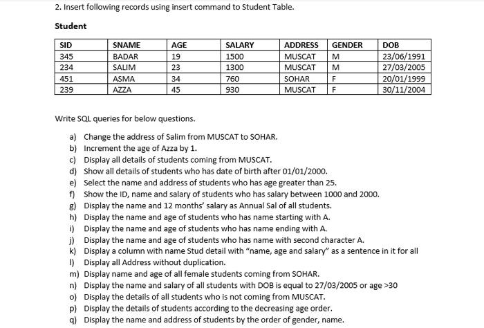 2. Insert following records using insert command to Student Table. Student