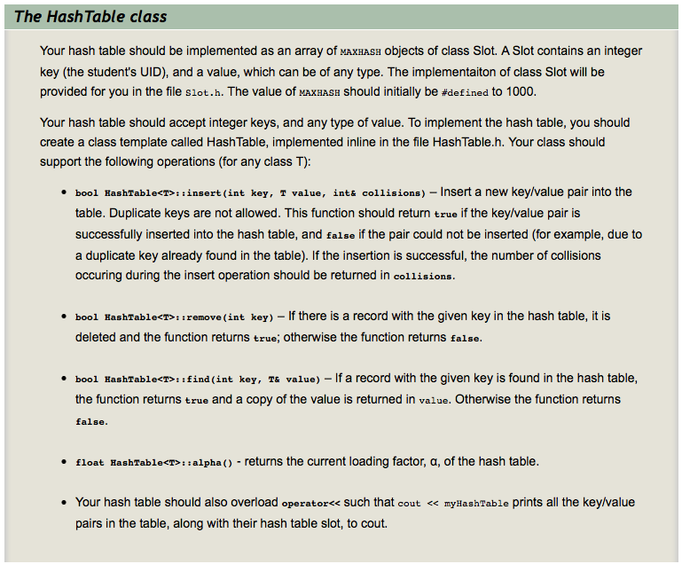 the HashTable class section. Implement a closed hash table data structure, and