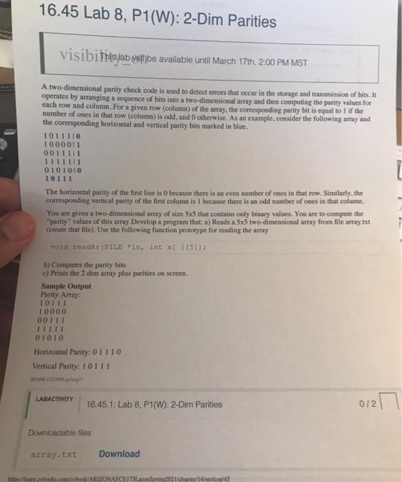  in c programing please 16.45 Lab 8, P1(W): 2-Dim Parities visibi