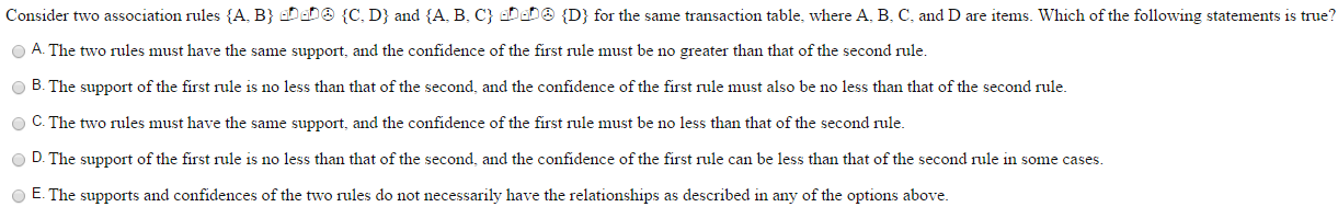 Please answer the multiple choice question below: Consider two association rules {A,