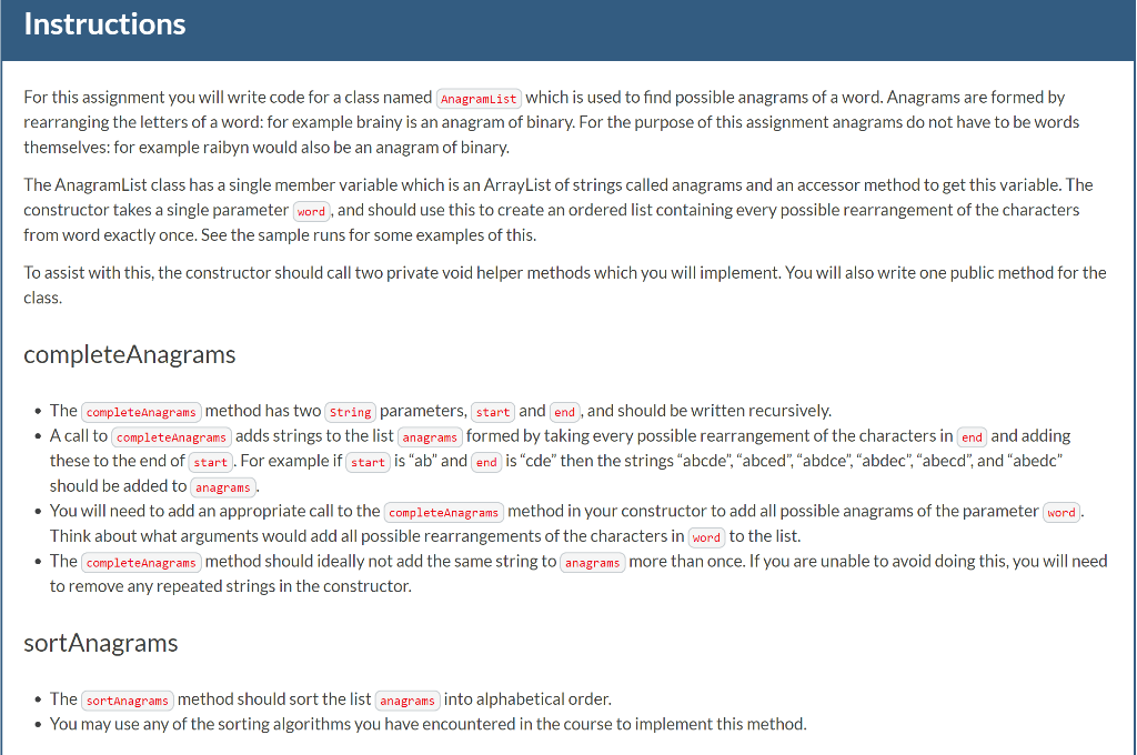  Instructions For this assignment you will write code for a class