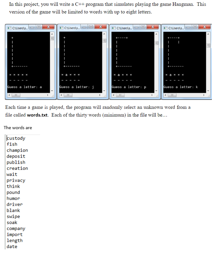 In this project, you will write a C+ program that simulates