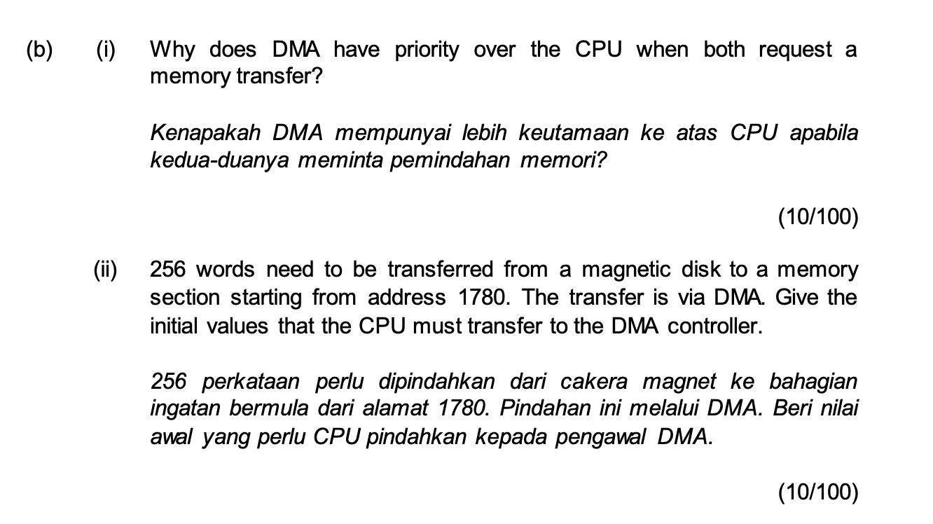  (b ) (i) Why does DMA have priority over the CPU