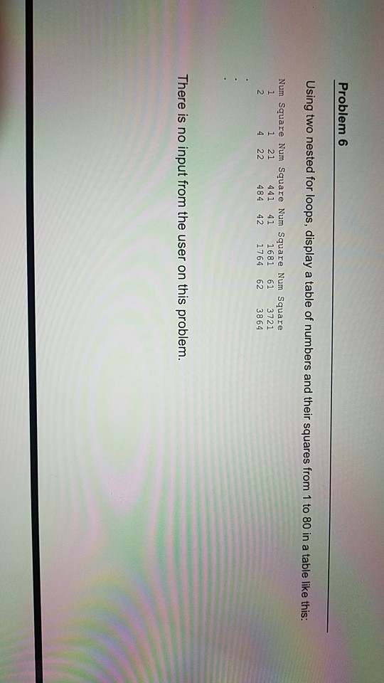  SOS... help Problem 6 Using two nested for loops, display a